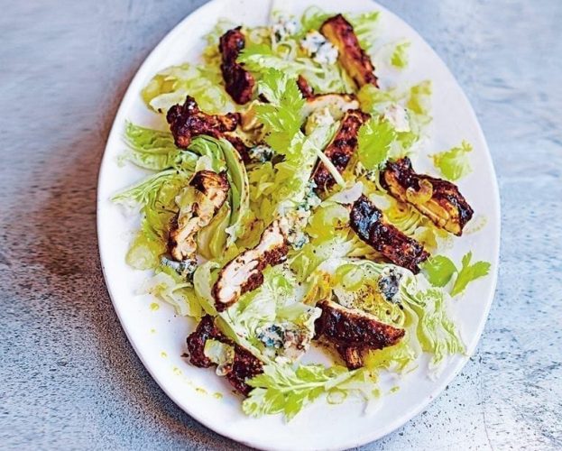 barbecues chicken, blue cheese and pickled celery salad