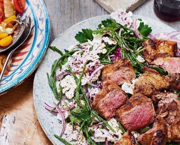 Spiced lamb with samphire and sumac salad