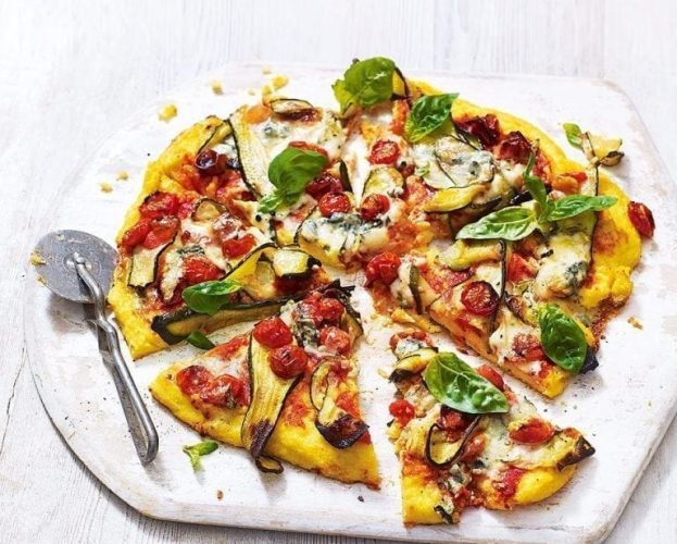polenta pizza with cherry tomatoes and dolcelatte