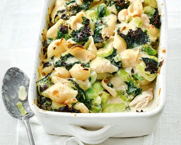 Pasta bake in a white oblong baking tray