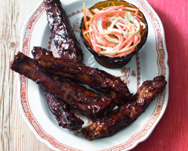 Sticky hoisin pork ribs with coleslaw