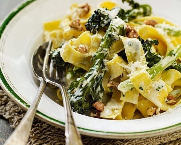 Pappardelle with purple sprouting broccoli, Dolcelatte and walnuts