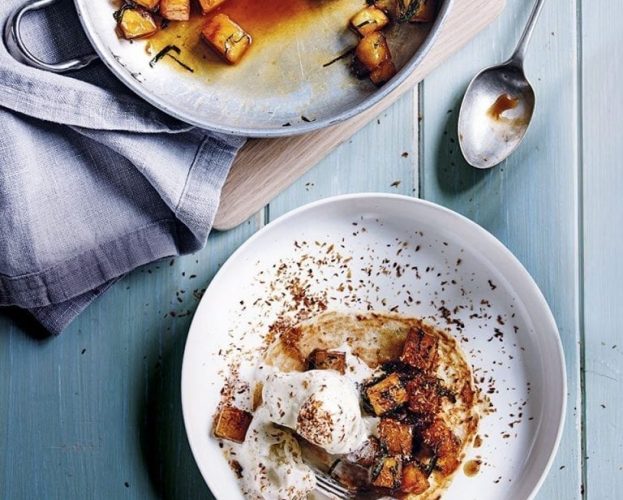 coconut pancakes with rum-roasted pineapple