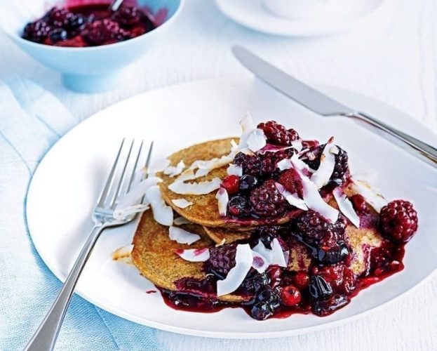 Banana pancakes with berry compote