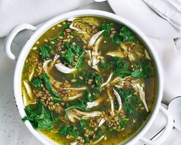 Chicken, kale and pesto soup
