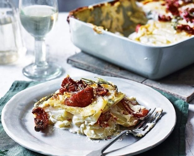 Sun-dried tomato and goat’s cheese dauphinois potatoes