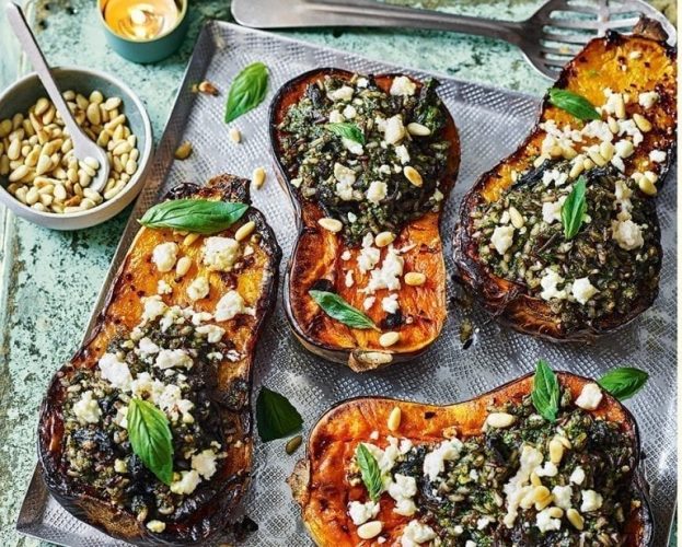 Butternut squash stuffed with pesto rice