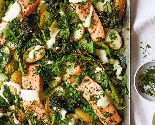 healthy salmon and broccoli traybake