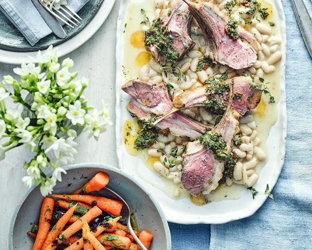 Lamb cutlets with cannellini beans