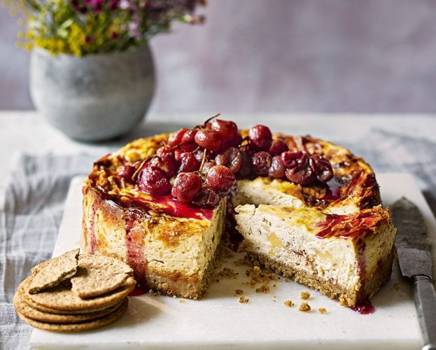 Savoury cheeseboard cheesecake with honey-roast grapes