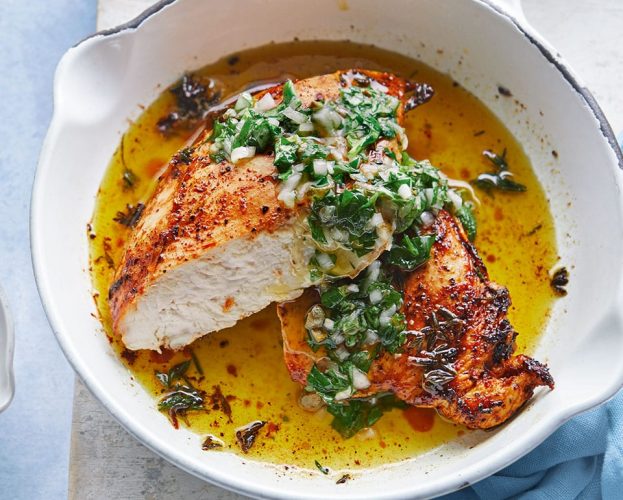 Crisp-skinned chicken breast with salsa verde