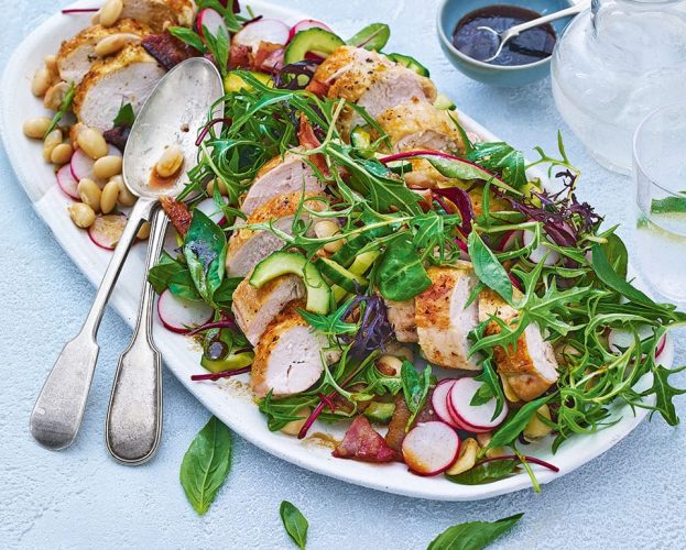 Smoky chicken and bacon salad with cannellini beans