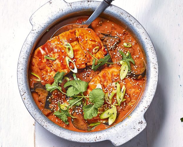 Spicy salmon and aubergine curry