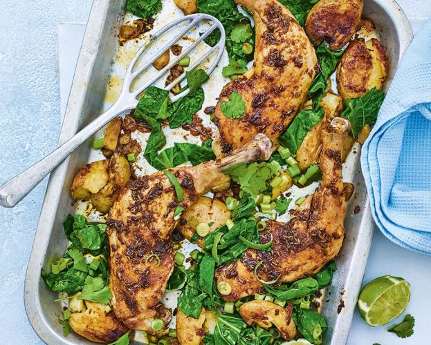 Berbere-spiced chicken, potato and greens traybake