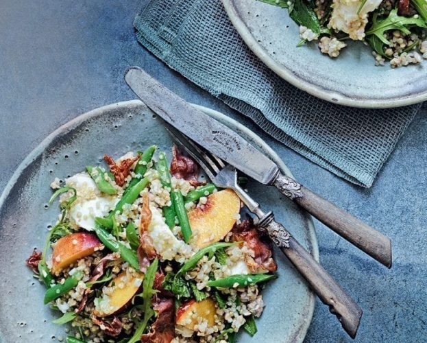 Parma ham, mozzarella and peach salad with buckwheat and quinoa