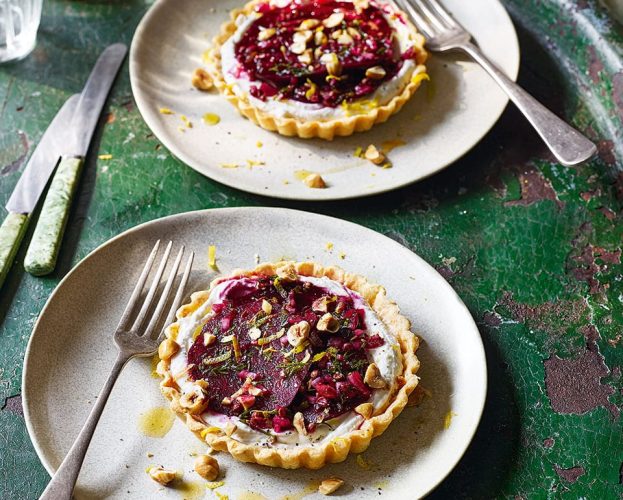 Goat’s cheese, marinated beetroot and hazelnut tarts