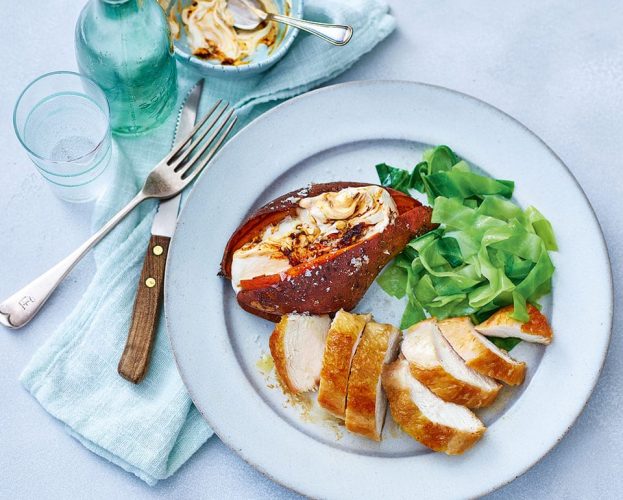 Crispy-skinned chicken breasts with baked sweet potatoes and chipotle cream