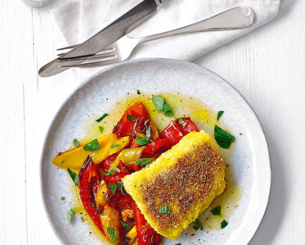 Polenta fish with roasted peppers and orange