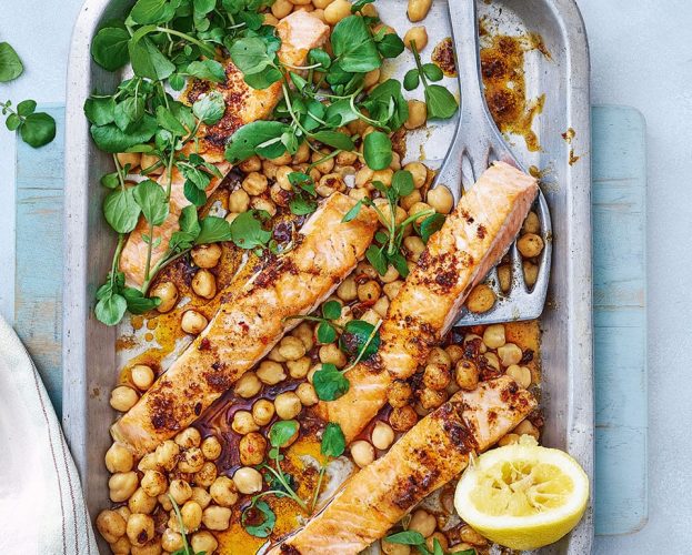 Salmon fillets with ras el hanout butter and chickpeas