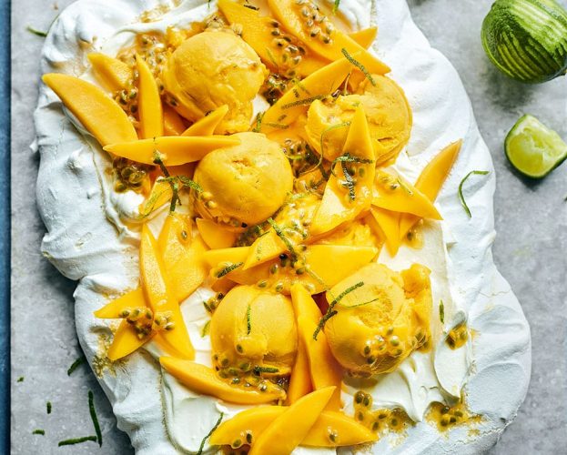Vegan coconut and mango pavlova