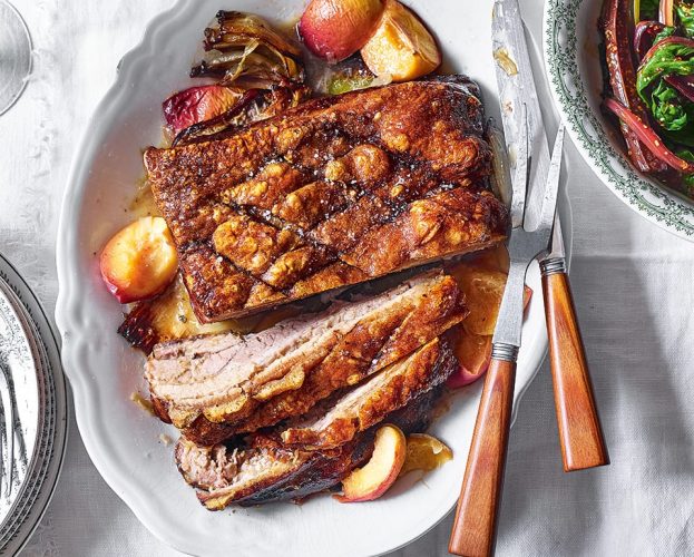 Pork belly with roast peaches, chard and mustard vinaigrette