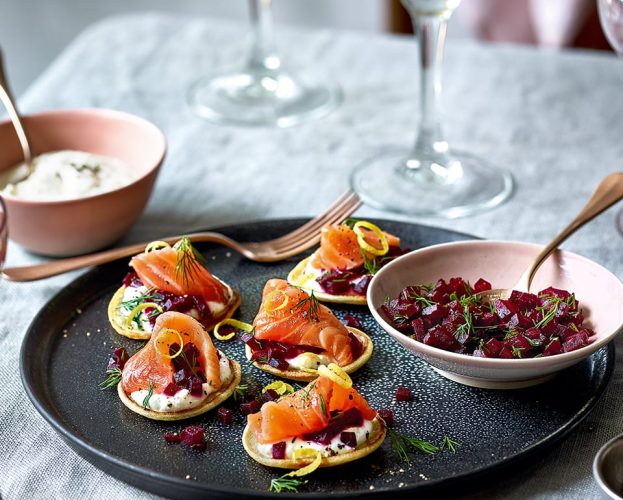 Vesper martini-cured salmon with rye blinis