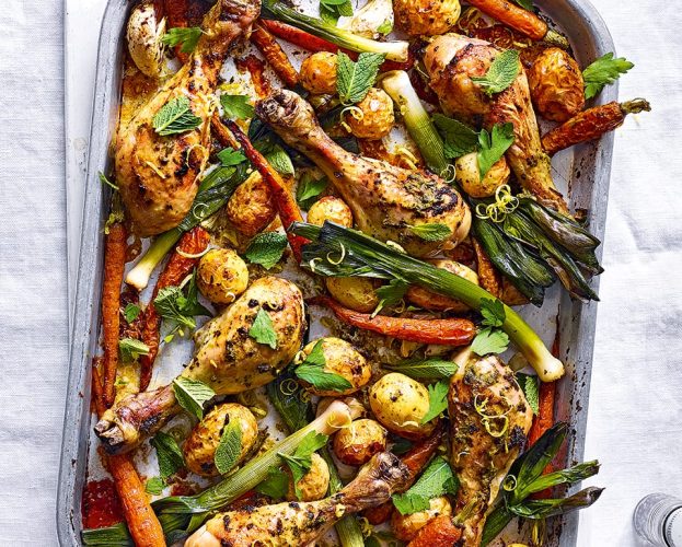 Harissa chicken, new potato and carrot traybake