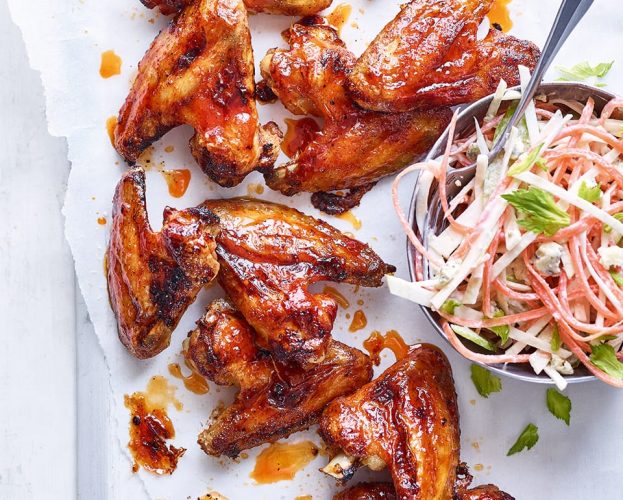 Buffalo chicken wings with blue cheese slaw
