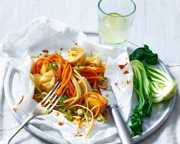 Flaked fish parcels with soy and mirin dressing