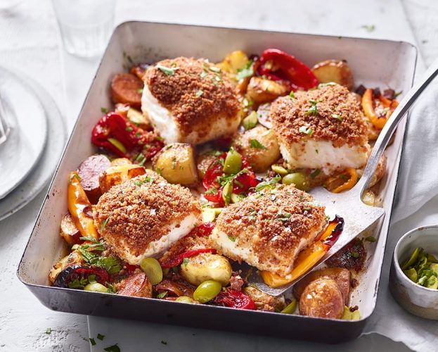 Chorizo-crumbed cod loin, pepper and olive traybake