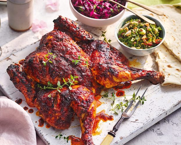 Harissa and honey chicken with almond tabbouleh