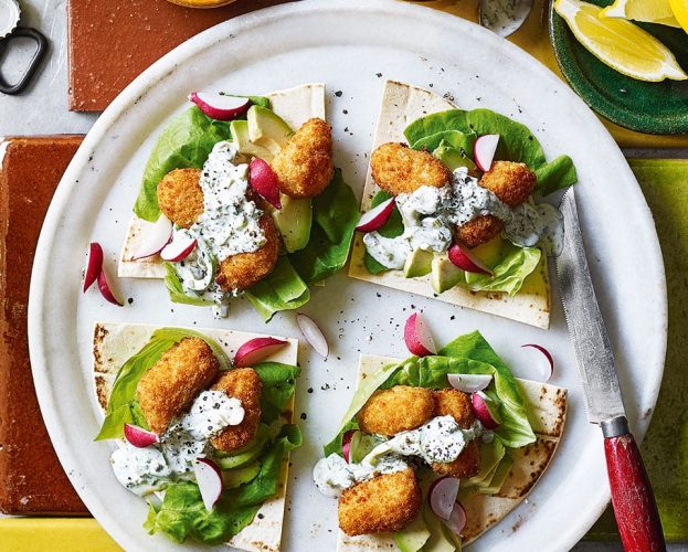 Scampi taco wedges with jalapeño tartare sauce and avocado