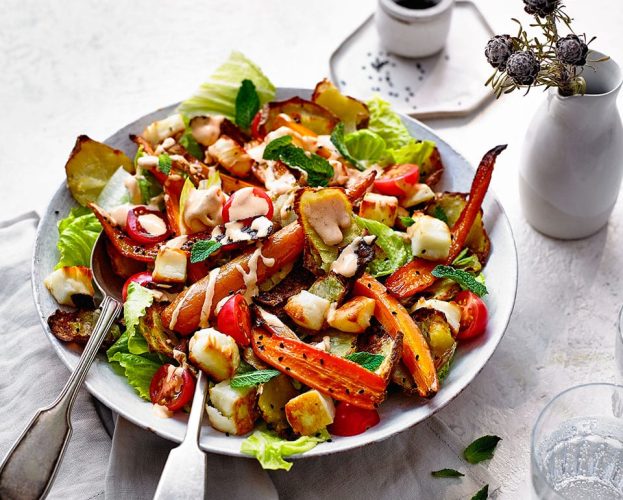 halloumi and potato fatteh salad