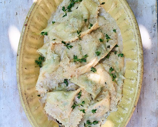 Ligurian swiss chard pansotti in walnut sauce
