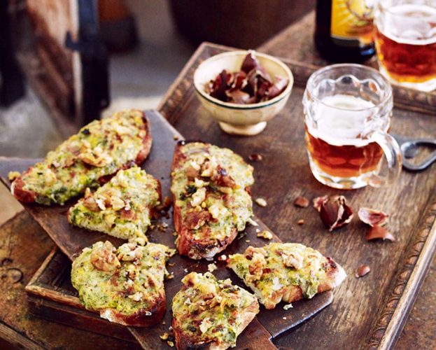 leek, smoked cheddar and mustard rarebits with salty crumbled chestnuts