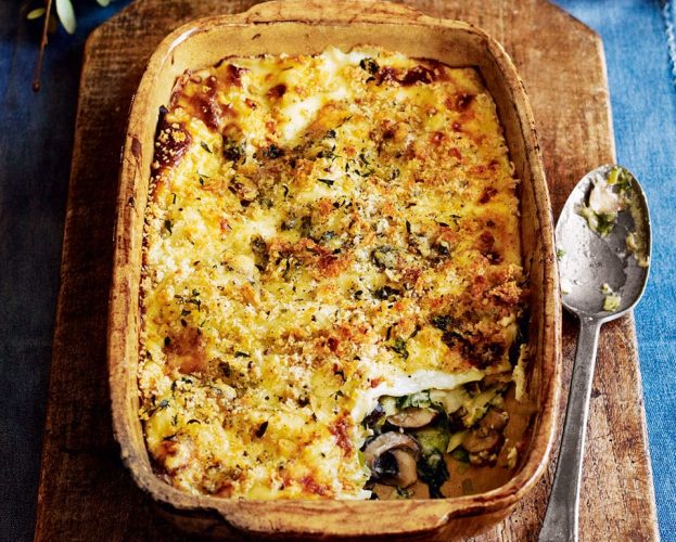 Kale, leek and mushroom lasagne with crunchy blue vinny topping