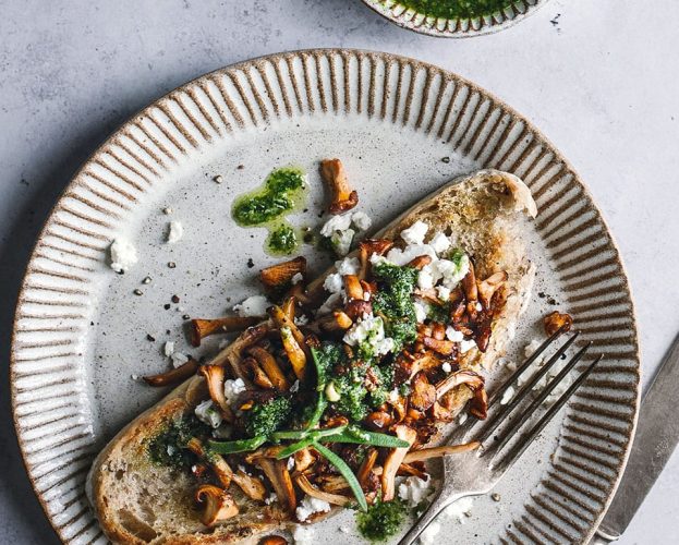 Wild mushroom bruschetta with feta and pesto
