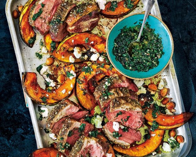 Pumpkin, lamb and feta traybake