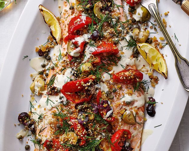 Fillet of salmon with sun-blush tomatoes and tarator sauce