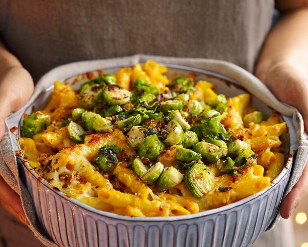 Pumpkin, brussels sprout, cannellini and sage pasta bake