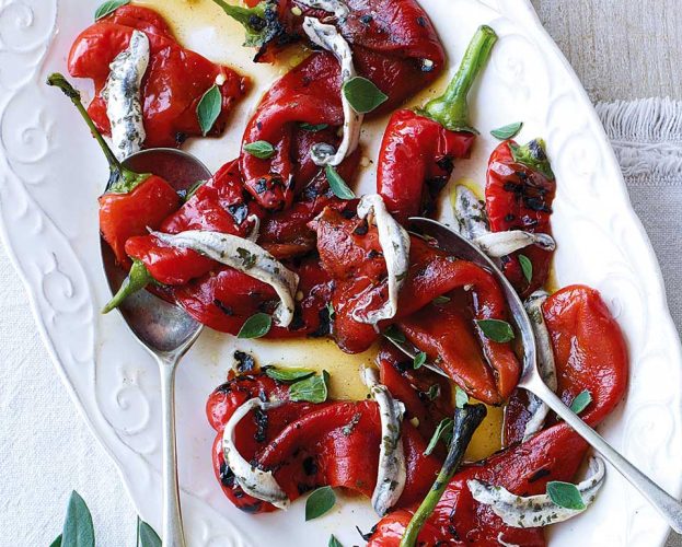 Peppers with roasted garlic, anchovies and basil