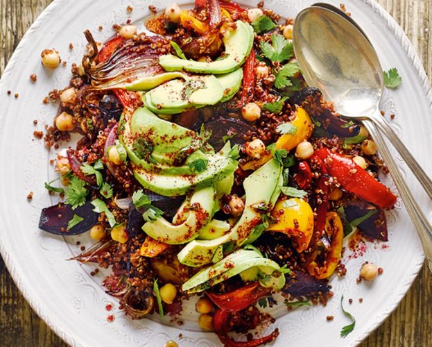 Roasted vegetable and chickpea quinoa salad