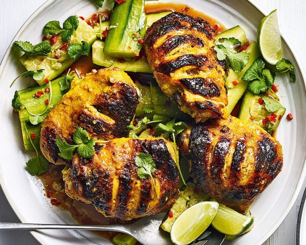 Grilled turmeric chicken with smashed cucumber salad