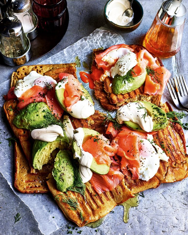 savoury waffles with smoked salmon, avo and eggs