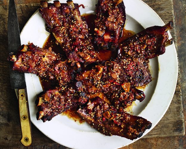sticky ribs with rhubarb