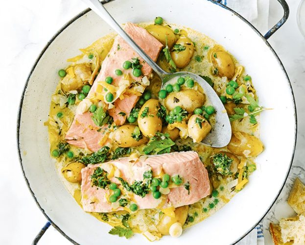 Salmon and spring vegetable stew