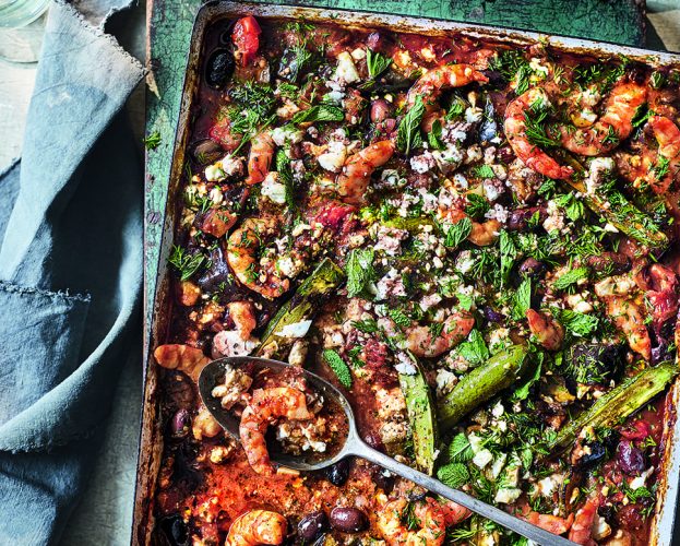 Sagamaki-style prawn and feta traybake