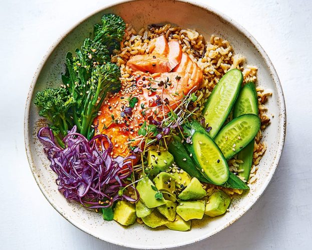 salmon avocado rice bowl