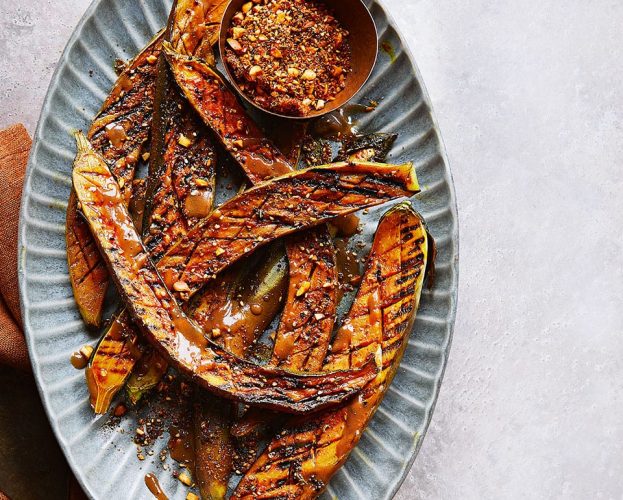 Grilled aubergine with peanut spice