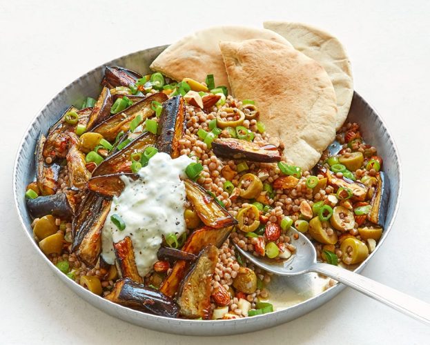 Roast aubergines with giant couscous